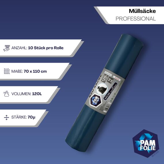 PAM-FOLIE Müllsäcke 120L - Extra Dicke, Starke Abfallsäcke - 10 Stück - 70µm - 70x110cm - Bausäcke - blauer Müllbeutel - Bauschuttsäcke - Müllsäcke für Schutt, Professional