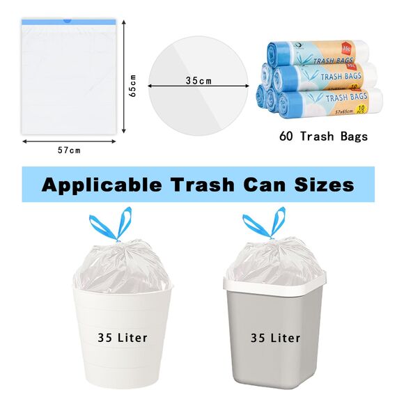 Xcdhemde 60 Stück Müllbeutel 35L - 57 x 65 cm，Mülltüten 35l mit praktischem Zugband, Reißfeste Müllsäcke, Wasserdichte Abfallsäcke für Zuhause oder Büro (Weiß)