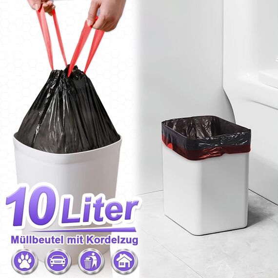 AOSULI Schwarze Müllbeutel 10L mit Zugband 75 Stück Kleine Mülltüten Reißfest Müllsäcke Blickdicht Abfallbeutel für Kosmetikeimer