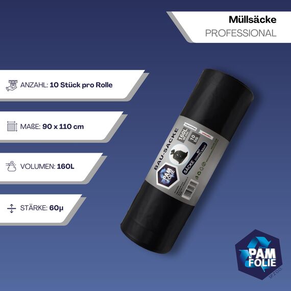 PAM-FOLIE Müllsäcke 160L - 10 Stück - Bausäcke Professional, Dicke Abfallsäcke - 90x110cm - 60µm - Extra Stark - schwarzer Müllbeutel - Bauschuttsäcke - Säcke für Bauschutt