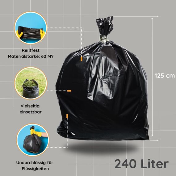 Müllsäcke 240 Liter extrastark & reißfest 60 μm Abfallsäcke, Müllbeutel, Müllsack, Abfallbeutel, Schwerlast Müllsäcke 240l extra stark für Haus, Garten, Industrie & Gastronomie (6 Rollen)