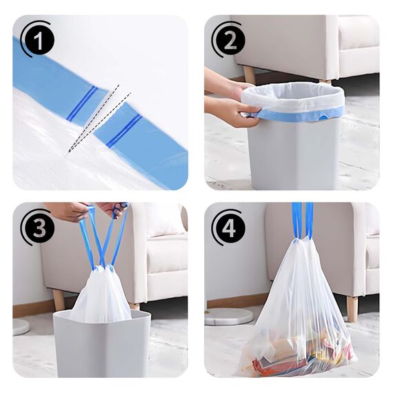 Xcdhemde 60 Stück Müllbeutel 35L - 57 x 65 cm，Mülltüten 35l mit praktischem Zugband, Reißfeste Müllsäcke, Wasserdichte Abfallsäcke für Zuhause oder Büro (Weiß)