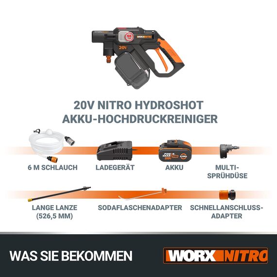 WORX WG633E Hydroshot Akku-Hochdruckreiniger 20V - 56 Bar Max. Druck - multifunktional zur Reinigung & Bewässerung - leistungsstarker bürstenloser Motor - 5-in-1 Druckdüse - inkl. 4Ah Akku & Ladegerät
