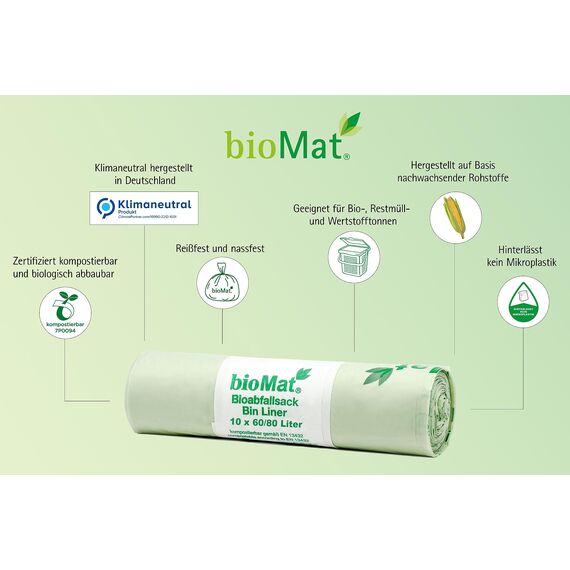 bioMat Kompostierbare 80l Müllsäcke, 100 Biomüllbeutel für Biotonne, Restmülltonne, Premium-Qualität, Klimaneutral, Made in Germany