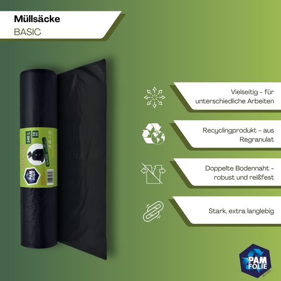 PAM-FOLIE Universal-Müllsäcke 240L - 10 Stück - XXL Große, Starke, Dicke Abfallsäcke, Basic - 120x130cm - 35µm - schwarzer Müllbeutel - Mülltüten - Ideale Säcke für 240-Liter-Behälter