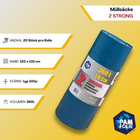PAM-FOLIE Extra Starke Müllsäcke 360L - 20 Stück - Große, Dicke Abfallsäcke - 120x135cm - Doppelschicht - schwarzer, blauer Müllbeutel - Bauschuttsäcke - Bauschuttsäcke, universal