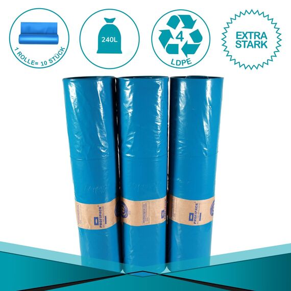 Inoverse 100 Stück(10 Rollen) Müllsäcke 240 Liter, Reißfest Müllbeutel, Abfallsäcke, 100x125 cm Blaue Müllsack, Mülltüten aus Recycling LDPE