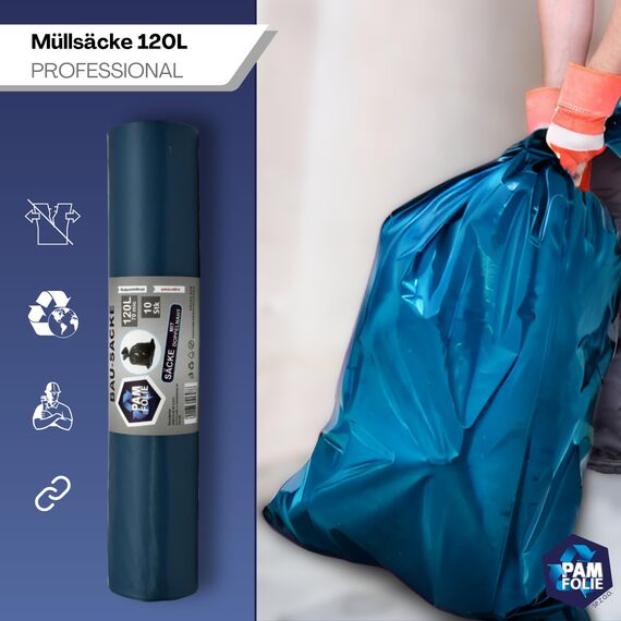PAM-FOLIE Müllsäcke 120L - Extra Dicke, Starke Abfallsäcke - 10 Stück - 70µm - 70x110cm - Bausäcke - blauer Müllbeutel - Bauschuttsäcke - Müllsäcke für Schutt, Professional