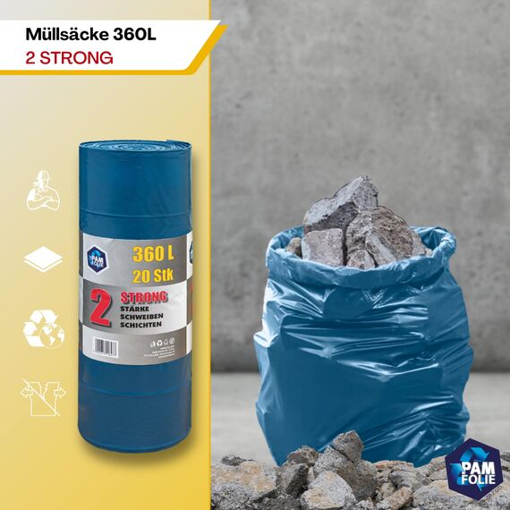 PAM-FOLIE Extra Starke Müllsäcke 360L - 20 Stück - Große, Dicke Abfallsäcke - 120x135cm - Doppelschicht - schwarzer, blauer Müllbeutel - Bauschuttsäcke - Bauschuttsäcke, universal