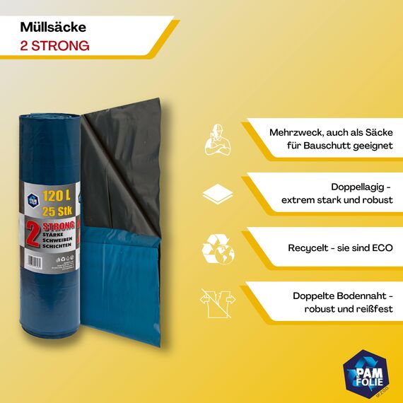PAM-FOLIE Extra Starke Müllsäcke 120L - 25 Stück - Große, Dicke Abfallsäcke - 70x110cm - Doppelschicht - schwarzer, blauer Müllbeutel - Bauschuttsäcke - Bauschuttsäcke, universal
