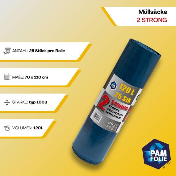 PAM-FOLIE Extra Starke Müllsäcke 120L - 25 Stück - Große, Dicke Abfallsäcke - 70x110cm - Doppelschicht - schwarzer, blauer Müllbeutel - Bauschuttsäcke - Bauschuttsäcke, universal