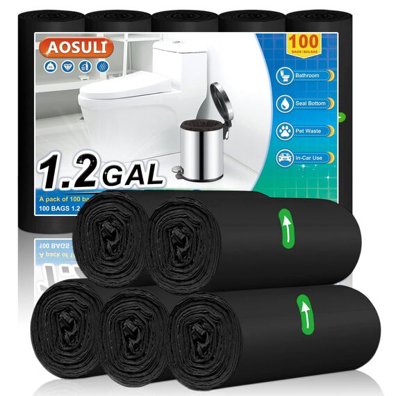 AOSULI Kleine Müllbeutel 5L Schwarz Müllsäcke 100 Stück Abfallsäcke Geeignet für Badezimmer,Küche,Büro