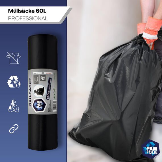 PAM-FOLIE Müllsäcke 60L - 20 Stück - Bausäcke Professional - Extra Dicke Abfallsäcke - 60x70cm - 70µm - Starke, schwarze Müllbeutel - Bauschuttsäcke - Säcke für Bauschutt Abfalls