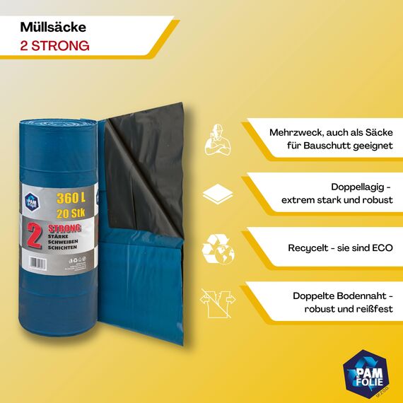 PAM-FOLIE Extra Starke Müllsäcke 360L - 20 Stück - Große, Dicke Abfallsäcke - 120x135cm - Doppelschicht - schwarzer, blauer Müllbeutel - Bauschuttsäcke - Bauschuttsäcke, universal