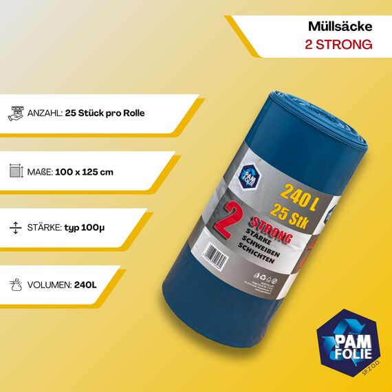 PAM-FOLIE Extra Starke Müllsäcke 240L - 25 Stück - Große, Dicke Abfallsäcke - 100x125cm - Doppelschicht - schwarzer, blauer Müllbeutel - Bauschuttsäcke - Bauschuttsäcke, universal