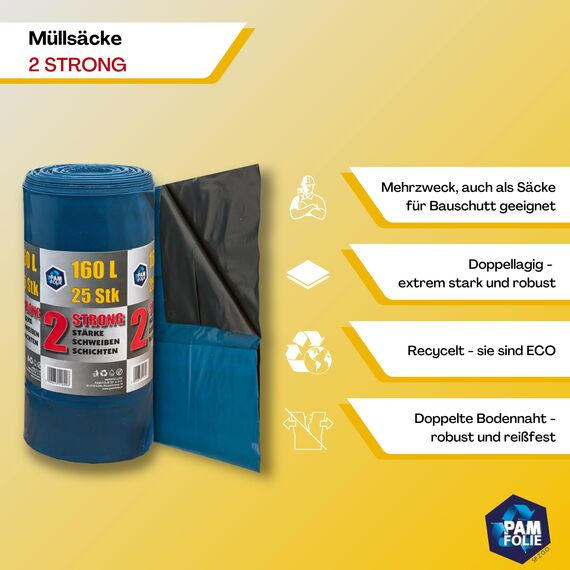 PAM-FOLIE Extra Starke Müllsäcke 160L - 25 Stück - Große, Dicke Abfallsäcke - 85x110cm - Doppelschicht - schwarzer, blauer Müllbeutel - Bauschuttsäcke - Bauschuttsäcke, universal