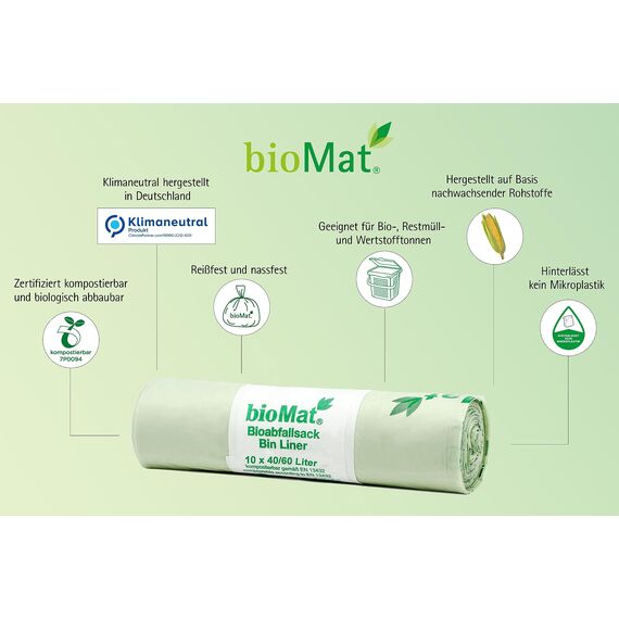 bioMat Kompostierbare 60l Müllsäcke, 10 Biomüllbeutel für Biotonne, Restmülltonne, Premium-Qualität, Klimaneutral, Made in Germany