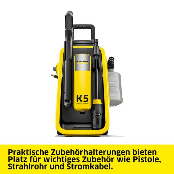 Kärcher Hochdruckreiniger K 5 Comfort Premium Car, Druck: 145 bar, Fördermenge: 500 l/h, Fläche: 40 m²/h, 18,2 kg, extra Flexibler Hochdruckschlauch, Schlauchtrommel, 4-in-1 Multi Jet, Car Kit