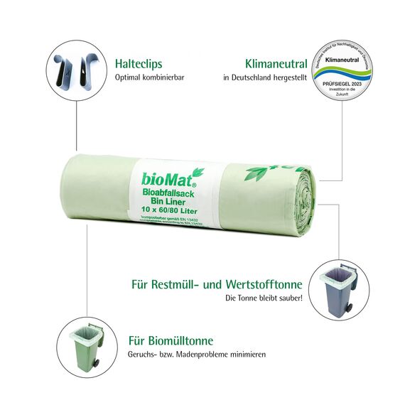 bioMat Kompostierbare 80l Müllsäcke, 100 Biomüllbeutel für Biotonne, Restmülltonne, Premium-Qualität, Klimaneutral, Made in Germany