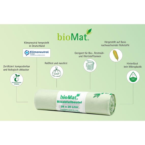 bioMat Kompostierbare 20l Biomüllbeutel mit Tragegriff, 78 Tüten, Premium-Qualität, DINplus Zertifiziert, Klimaneutral, Made in Germany