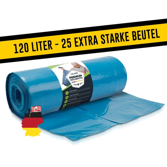Müllsäcke 120L Blau - 25 Stück - Extrem Reißfest - Abfallsäcke - Abfall Beutel XXL - Typ 100 Extra - Müllbeutel 120 L - 70 µ - 700x1100 mm - LDPE - Großer Müllsack - 120 Liter - Super Stark Mülltüten
