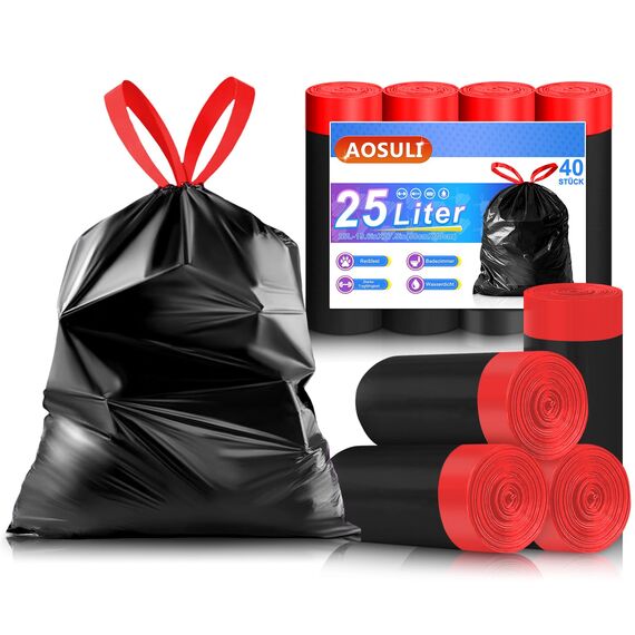 AOSULI Schwarz Müllbeutel 25L mit Zugband Reißfest Mülltüten Küche Müllsäcke,40 Stück Abfallsäcke