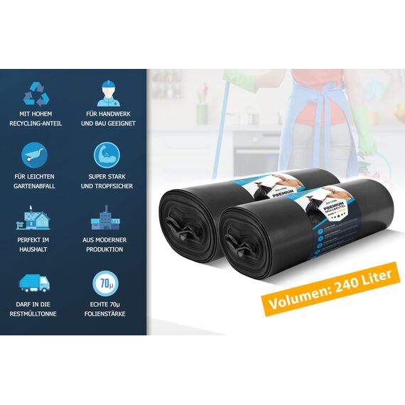 Müllsäcke 240 Liter 70 μ Premium Schwerlast Müllsäcke XL für Industrie - Extrem reißfest - Rolle Sack schwarz Beutel für Mülltonne - Abfallsäcke (20 Beutel - 2 Rollen)