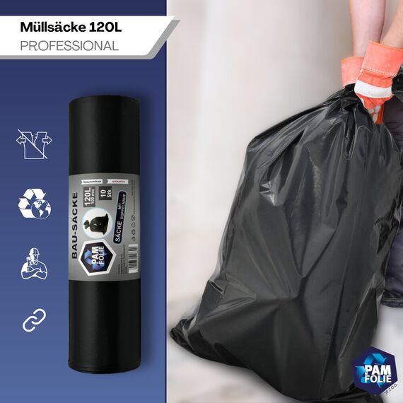 PAM-FOLIE Müllsäcke 120L - Extra Dicke, Starke Abfallsäcke - Bausäcke - 100µm - 70x110cm - schwarze Müllbeutel - Bauschuttsäcke - Müllsäcke für Schutt, Professional