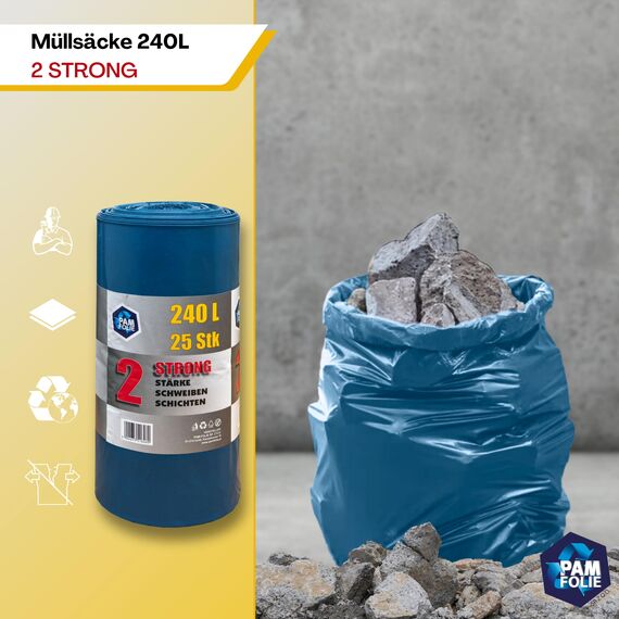 PAM-FOLIE Extra Starke Müllsäcke 240L - 25 Stück - Große, Dicke Abfallsäcke - 100x125cm - Doppelschicht - schwarzer, blauer Müllbeutel - Bauschuttsäcke - Bauschuttsäcke, universal