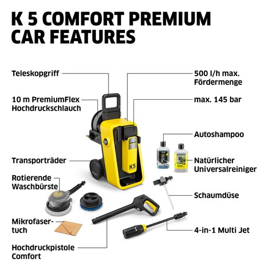 Kärcher Hochdruckreiniger K 5 Comfort Premium Car, Druck: 145 bar, Fördermenge: 500 l/h, Fläche: 40 m²/h, 18,2 kg, extra Flexibler Hochdruckschlauch, Schlauchtrommel, 4-in-1 Multi Jet, Car Kit