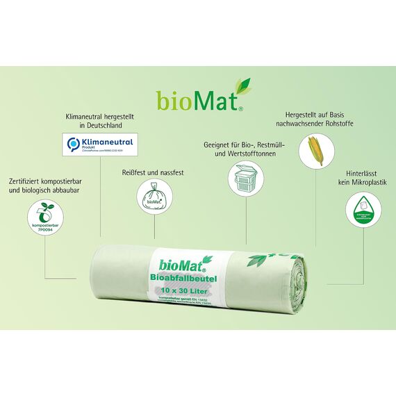 bioMat Kompostierbare 30l Biomüllbeutel, 50 Tüten, Premium-Qualität, DINplus Zertifiziert, Klimaneutral, Made in Germany