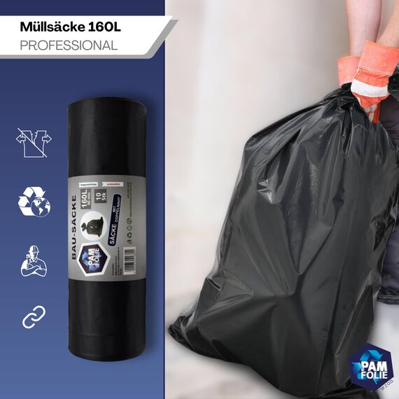 PAM-FOLIE Müllsäcke 160L - 10 Stück - Bausäcke Professional, Dicke Abfallsäcke - 90x110cm - 60µm - Extra Stark - schwarzer Müllbeutel - Bauschuttsäcke - Säcke für Bauschutt
