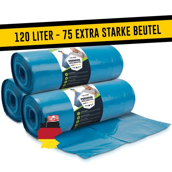 Müllsäcke 120L Blau 75 Stück - Extrem Reißfest - Abfallsäcke - Abfall Beutel XXL - Typ 100 Extra - Müllbeutel 120 L - 70 µ - 700x1100 mm - LDPE - Großer Müllsack - 120 Liter - Super Stark Mülltüten