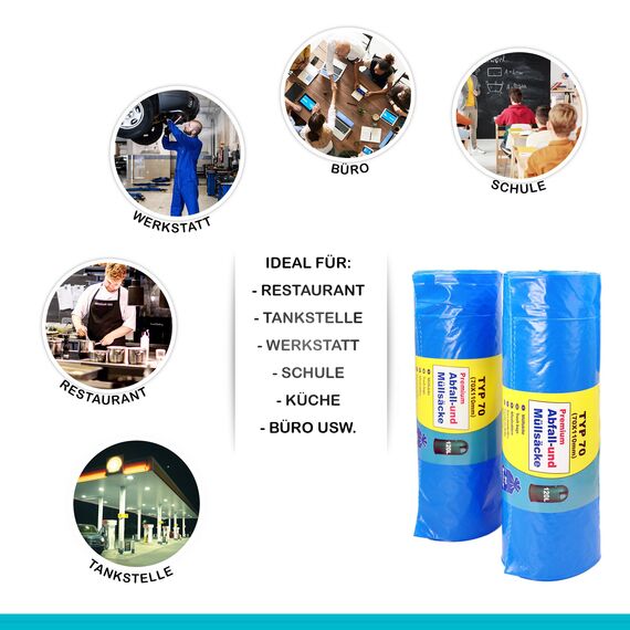 Inoverse 20 Stück(1 Rolle) Müllsäcke 120 Liter, Reißfest Müllbeutel, Abfallsäcke, 70x110 cm Blaue Müllsack, Mülltüten aus Recycling LDPE