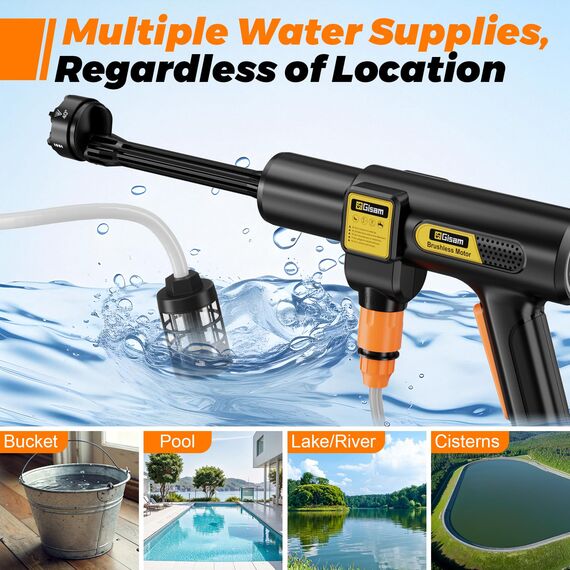 Gisam Akku Hochdruckreiniger, Max 65 Bar 943 PSI Mobiler Hochdruckreiniger Mit 2 x 4000mA Akku, Schaumsprüher, 6-in-1 Multifunktionale Düse und 180° Drehbare Düse für Auto (Gisam-01)