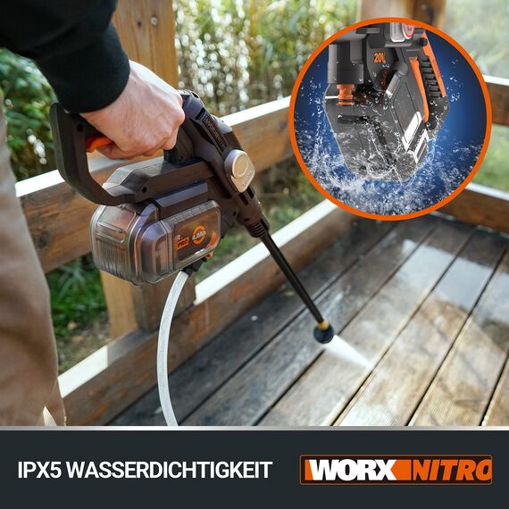 WORX WG633E Hydroshot Akku-Hochdruckreiniger 20V - 56 Bar Max. Druck - multifunktional zur Reinigung & Bewässerung - leistungsstarker bürstenloser Motor - 5-in-1 Druckdüse - inkl. 4Ah Akku & Ladegerät