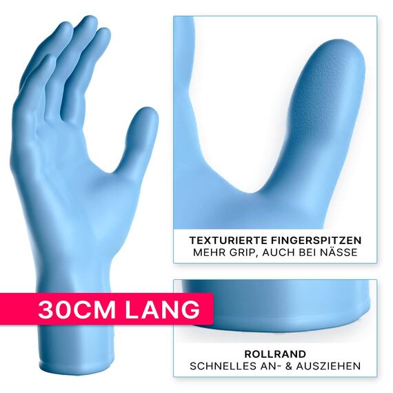 ARNOMED Einweghandschuhe Blau Extra Lang, 30cm Lange Einmalhandschuhe in M, Nitrilhandschuhe Einweg Extra Dick, 100 Stk/Box, Gummihandschuhe Lang Einweg, Nitrilhandschuhe Langer Schaft in S, M, L & XL