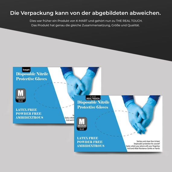 The Real Touch Einweghandschuhe, Blau Nitrilhandschuhe - Box mit 100 Stück, Einmalhandschuhe Puderfrei und Latexfrei, Nitril Handschuhe Einweg für Küche und Reinigung (Blau, M)