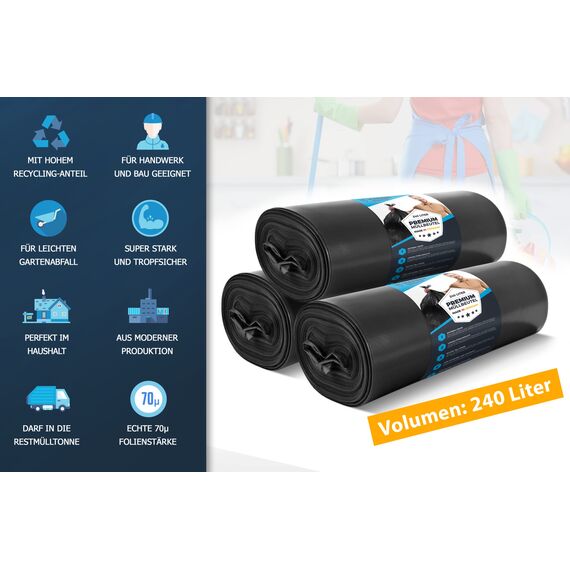 Müllsäcke 240 Liter 70 μ Premium Schwerlast Müllsäcke XL für Industrie - Extrem reißfest - Rolle Sack schwarz Beutel für Mülltonne - Abfallsäcke - Schwarz - 30 Stück