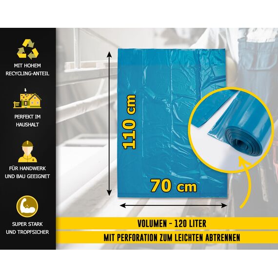 Müllsäcke 120L Blau 300 Stück - Extrem Reißfest - Abfallsäcke - Abfall Beutel XXL - Typ 100 Extra - Müllbeutel 120 L - 70 µ - 700x1100 mm - LDPE - Großer Müllsack - 120 Liter - Super Stark Mülltüten