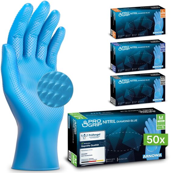 PROGRIP Einweghandschuhe Diamant Grip, Blau, Einmalhandschuhe Extra Stark, Nitrilhandschuhe Gr. M, 2x dicker, Handschuhe Einweg, Arbeitshandschuhe für Werkstatt & Montage, 50 Stk/Box