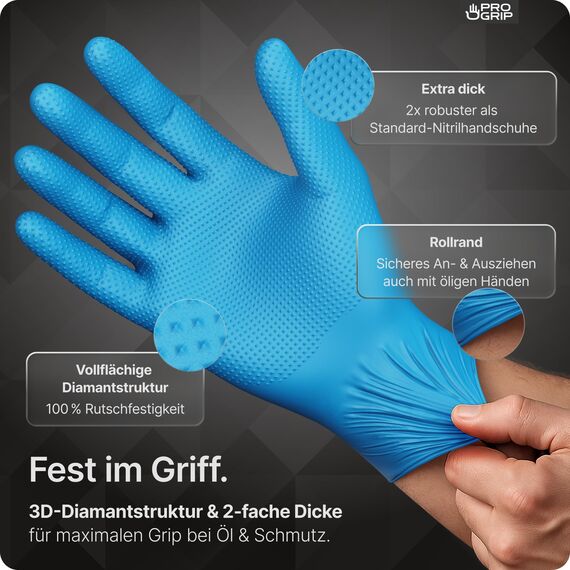 PROGRIP Einweghandschuhe Diamant Grip, Blau, Einmalhandschuhe Extra Stark, Nitrilhandschuhe Gr. XXL, 2x dicker, Handschuhe Einweg, Arbeitshandschuhe für Werkstatt & Montage, 500 Stück (10x50 Stk)