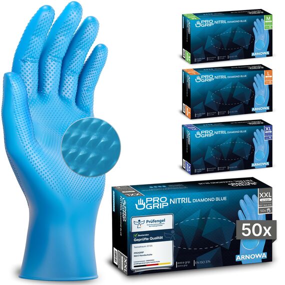 PROGRIP Einweghandschuhe Diamant Grip, Blau, Einmalhandschuhe Extra Stark, Nitrilhandschuhe Gr. XXL, 2x dicker, Handschuhe Einweg, Arbeitshandschuhe für Werkstatt & Montage, 200 Stück (4x50 Stk)