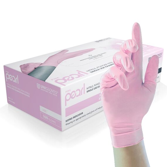 UNIGLOVES Pink Pearl Nitril-Untersuchungshandschuhe - vielseitig einsetzbar, puderfreie und latexfreie Einweghandschuhe - Box mit 100 Handschuhen, Rosa, Klein (GP0052)
