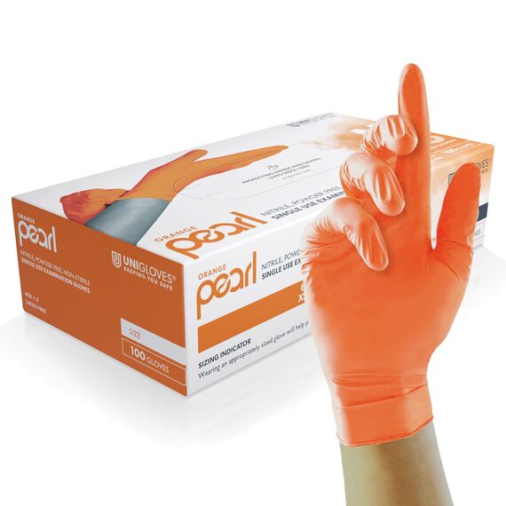 UNIGLOVES Orange Pearl Nitril-Untersuchungshandschuhe - vielseitig einsetzbar, puderfreie und latexfreie Einweghandschuhe - Box mit 100 Handschuhen, Orange, Groß (GP0134)