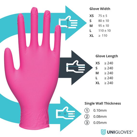 UNIGLOVES Magenta Pearl Nitril-Untersuchungshandschuhe - vielseitig einsetzbar, puderfreie und latexfreie Einweghandschuhe - Box mit 100 Handschuhen, Magenta, Größe S (GP8502)