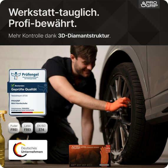 PROGRIP Einweghandschuhe Diamant Grip, Orange, Einmalhandschuhe Extra Stark, Nitrilhandschuhe Gr. L, 2x dicker, Handschuhe Einweg, Arbeitshandschuhe für Werkstatt & Montage, 1000 Stück (20x50 Stk)