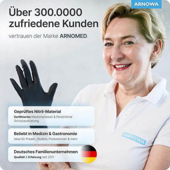 ARNOMED Einweghandschuhe 100 Stück/Box, Schwarze Nitrilhandschuhe L, puderfreie & latexfreie Einmalhandschuhe, Handschuhe in Gr. XS, S, M, L, XL & XXL verfügbar