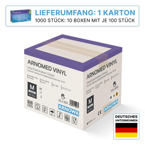 ARNOMED Einweghandschuhe M, Vinyl Handschuhe 1000 Stk (10x100 Stk), Einmalhandschuhe, Handschuhe Einweg puderfrei, Gummihandschuhe Einweg latexfrei, Einweg Handschuhe, Einmalhandschuhe in S, M, L, XL