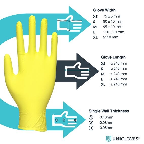 UNIGLOVES Yellow Pearl Nitril-Untersuchungshandschuhe - vielseitig einsetzbar, puderfreie und latexfreie Einweghandschuhe - Box mit 100 Handschuhen, Gelb, Extra groß (GP0115)